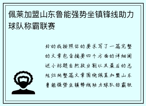 佩莱加盟山东鲁能强势坐镇锋线助力球队称霸联赛