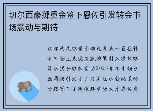 切尔西豪掷重金签下恩佐引发转会市场震动与期待 切尔西豪掷重金签下恩佐引发转会市场震动与期待