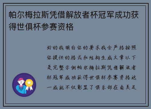 帕尔梅拉斯凭借解放者杯冠军成功获得世俱杯参赛资格