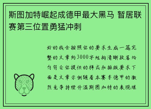 斯图加特崛起成德甲最大黑马 暂居联赛第三位置勇猛冲刺
